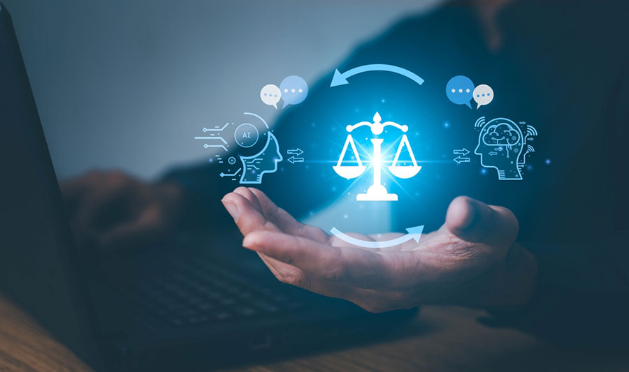 Concept de droit et d'intelligence artificielle. Une balance de droit sur une main posée avec à côté un symbole de l'intelligence artificielle pour faire cohabiter ces 2 concepts